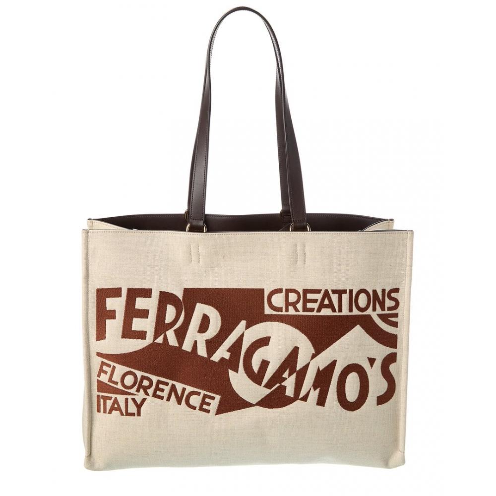 

Salvatore Ferragamo Ferragamo Logo Large Leather Trim Tote Beige Large