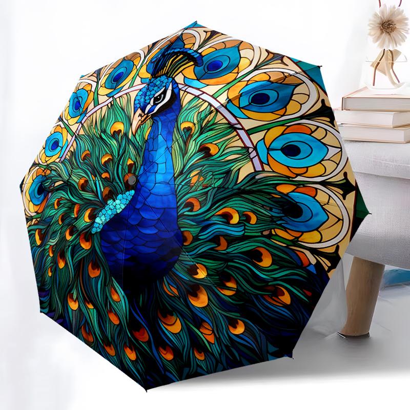 1pc Peacock, feathers pattern Umbrella Portable Folding Umbrella Iron Frame Hole Bone Structure Outdoor Home Umbrella