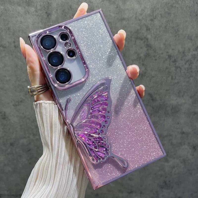 3D Glitter Butterfly Quicksand Case for Samsung Galaxy S25 Edge S24 FE Plus ULTRA A56 A55 A54 A26 A36 A35 A25 Luxury Soft Cover
