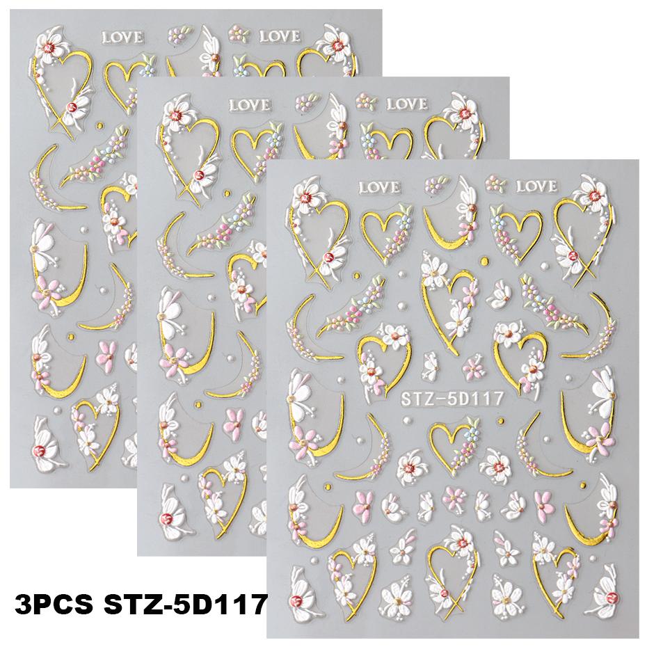 5D Embossed Floral Gold Line Sliders Spring White Flowers Nail Stickers DIY Simple Petals Wedding Nails Decals Accesories