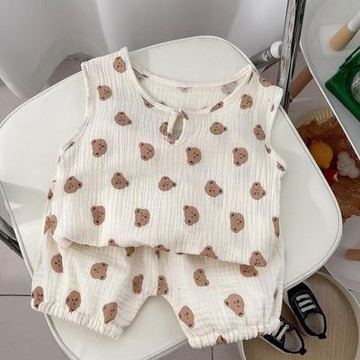 Neuankömmling im koreanischen Stil, süßes Baby-Gaze-Homewear-Set, atmungsaktiv, lockere ärmellose Shorts, 2-teiliges Set