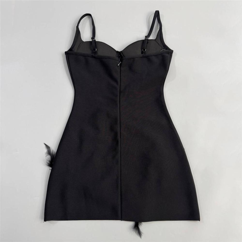 2026 Women's Rhinestone Feather Spaghetti Strap Bandage Mini Dress - Little Black Prom Party Dress