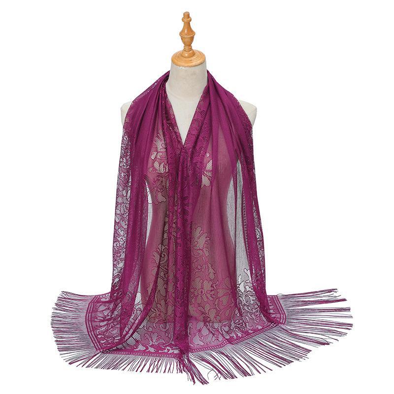 

Европейский и американский однотонный шелковый шарф-хиджаб с кисточками и кружевом - летняя шаль для женщин фиолетовый