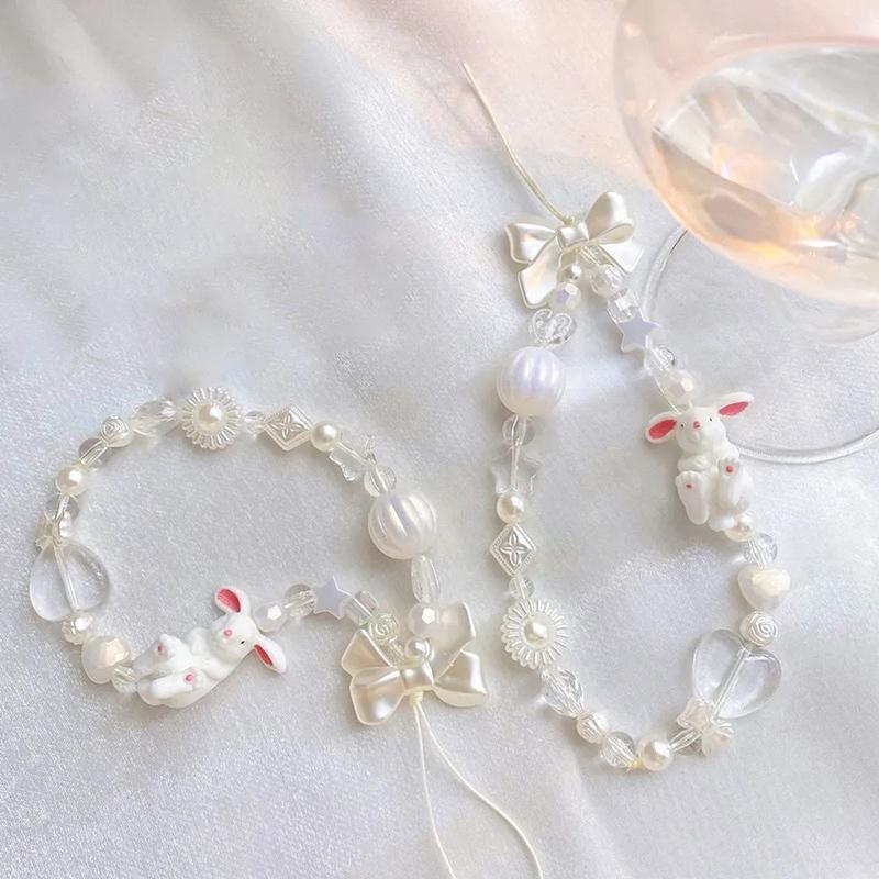 

Korean Cute Baroque White Bow Flower Beaded Phone Chain Charm Lanyard For Iphone Samsung Universal Accessories Jewelry Pendant