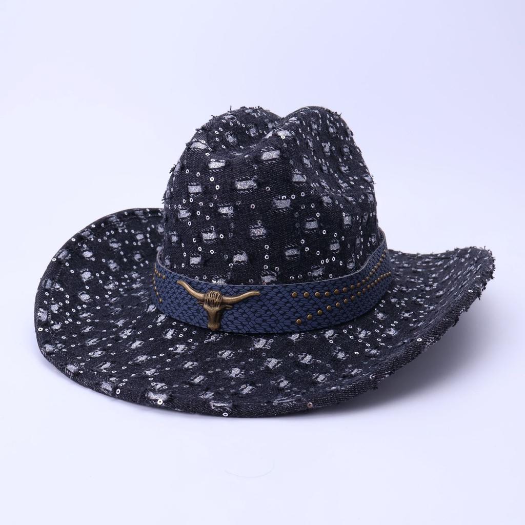 High-Quality Old Denim Ripped Western Denim Hat Fashionable Black Cow Head Belt Jazz Hat European And American Style Top Hat