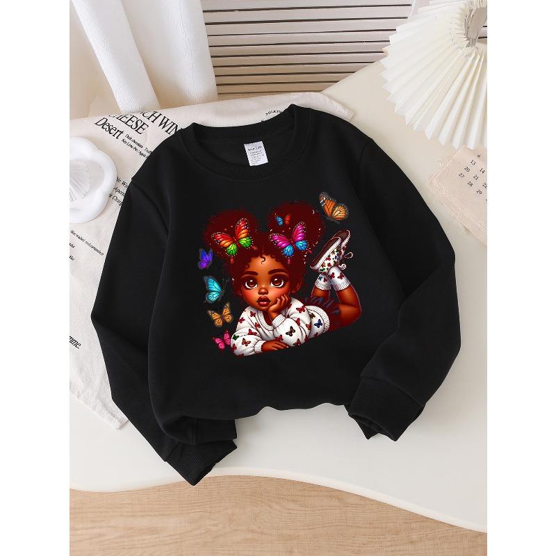 European sizes Girls Soft Crewneck Sweatshirt Colorful Butterfly Print Girls Sweater, Casual All-Match, Ideal Holiday Present