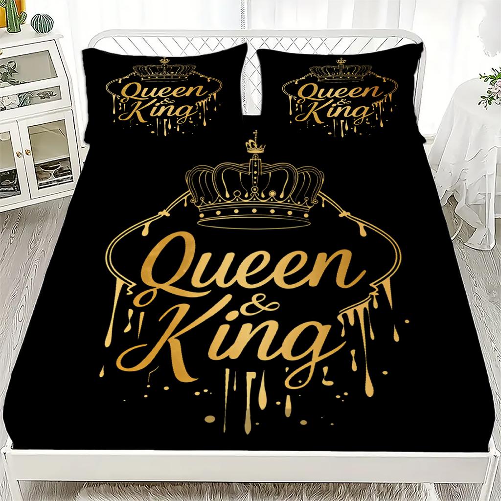 Queen And King Fitted Sheet Set Black Gold Crown Print Bedding With Pillowcases For Couples Bedroom