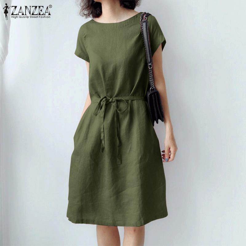 

ZANZEA Женское летнее однотонное повседневное платье с короткими рукавами и круглым вырезом