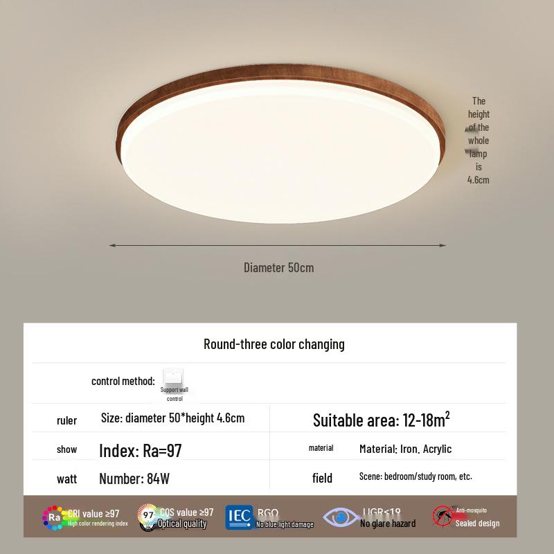Walnut Wood Grain Ceiling Light: Full Spectrum Eye Protection Chandelier for Living Room, Bedroom, and Dining Room