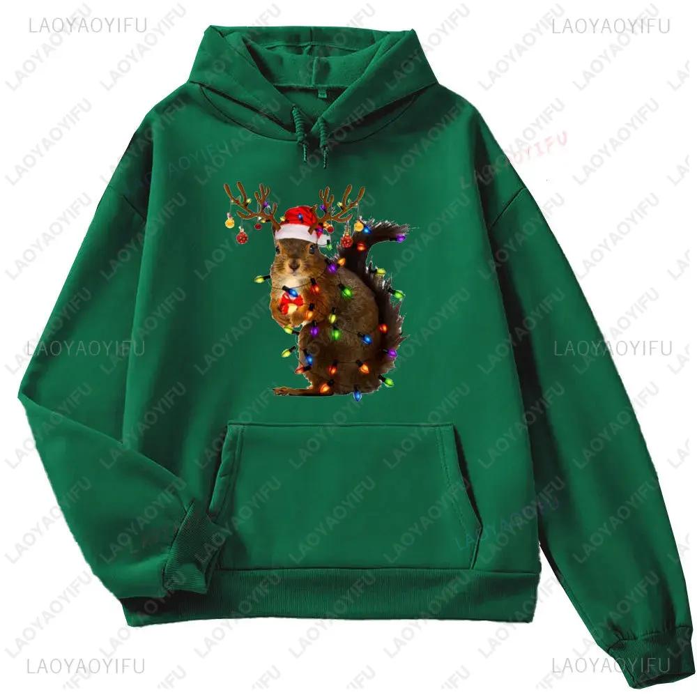 Christmas Squirrel Lights Sweatshirt Xmas Squirrel Hoodie Women Long Seleeve Sweater Santa Squirrel Gift Cute Christmas Sweater