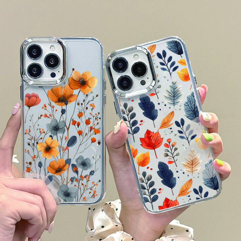 

Прозрачный мягкий чехол TPU для iPhone 16 Pro 15 14 Plus 13 12 Pro Max 11 с роскошным покрытием, оправой объектива, узором в виде цветов и листьев, тонкий противоударный чехол iPhone 16
