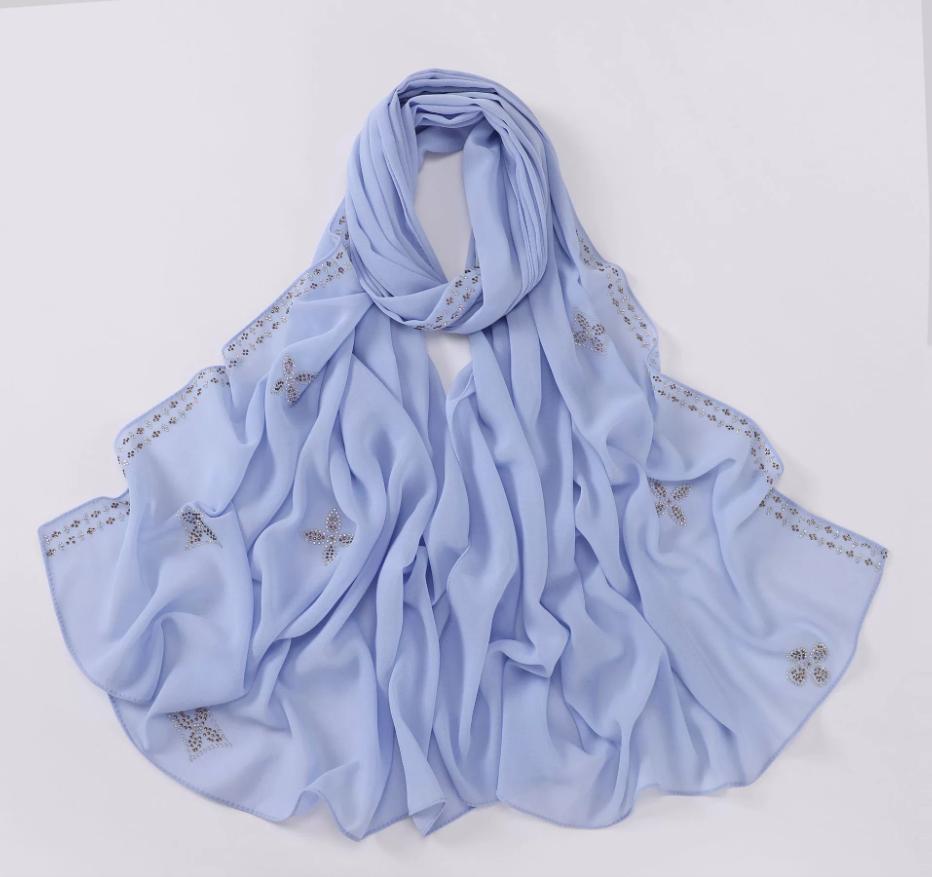 New Chiffon Hijab With Rhinestones Diamonds Scarf Shawls Solid Headscarf Wraps Ramadan Eid Hijabs Glitter Headband Turban