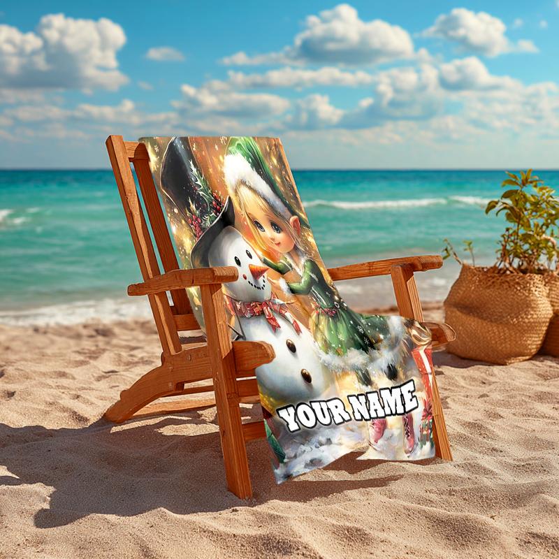 1PC Custom Name Christmas Elf Snowman Beach Towel Highly Absorbent And Sand-Resistant Towel for Swimming, Pool, Yoga, And Travel Lightweight
