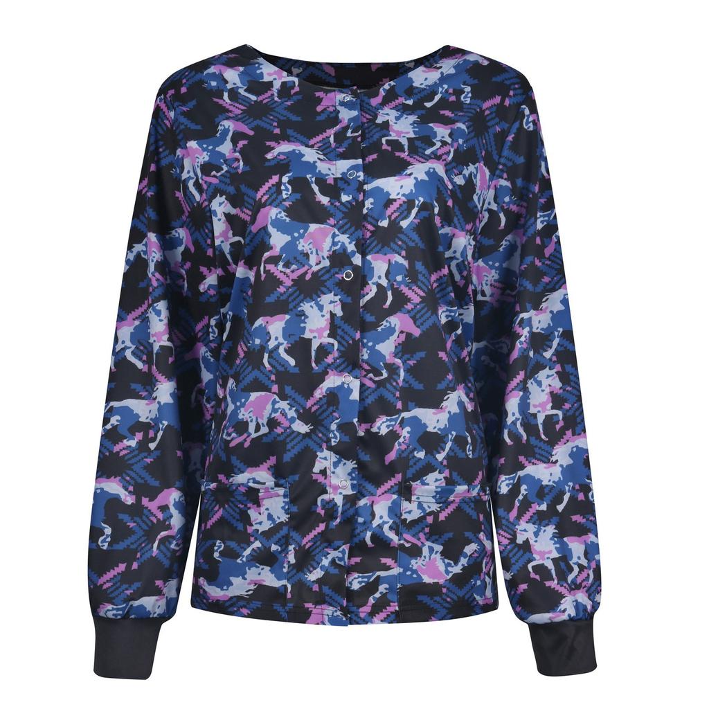 Women Casual Fashion Long-sleeved Stand-up Collar Single-breasted Printed Women's Protective Overalls Jacket Top