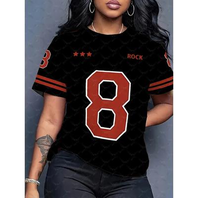 Women's NO.8 Printed Round Neck Short Sleeved T-shirt with Summer Pattern T-shirt