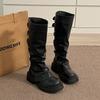 Vintage Belt Buckle Woman Knight Long Boots Fashion Pleated Low Heel Knee High Booties Botas De Inverno Feminina