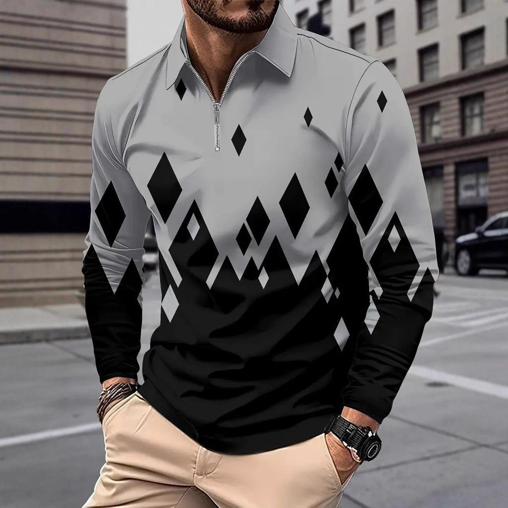Vintage Tribal Print Long Sleeve Polo Shirt, Stylish Casual Men's Top
