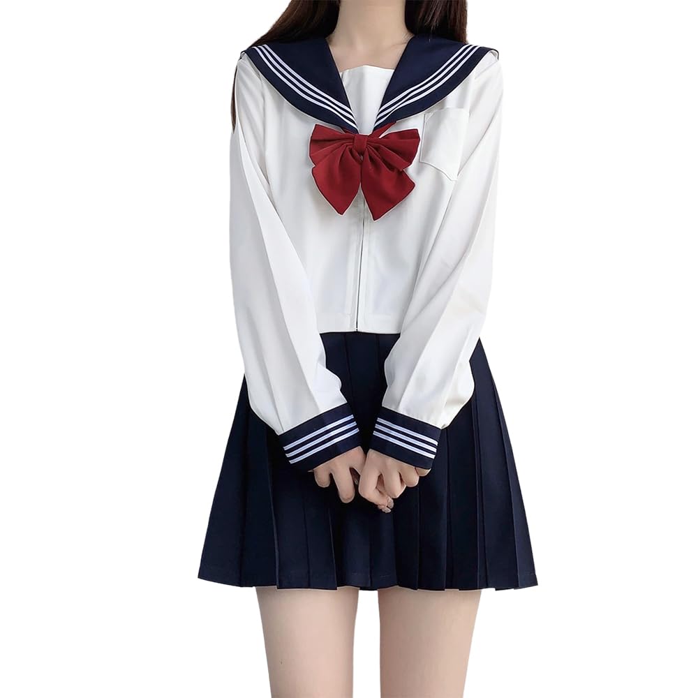 GSYCL Sailor Authentic Navy Blue with Red Long Short High School JK Pleated Traditional Perfect for Plus Cute Sleeve Size Uniform, Bow, Sleeves,