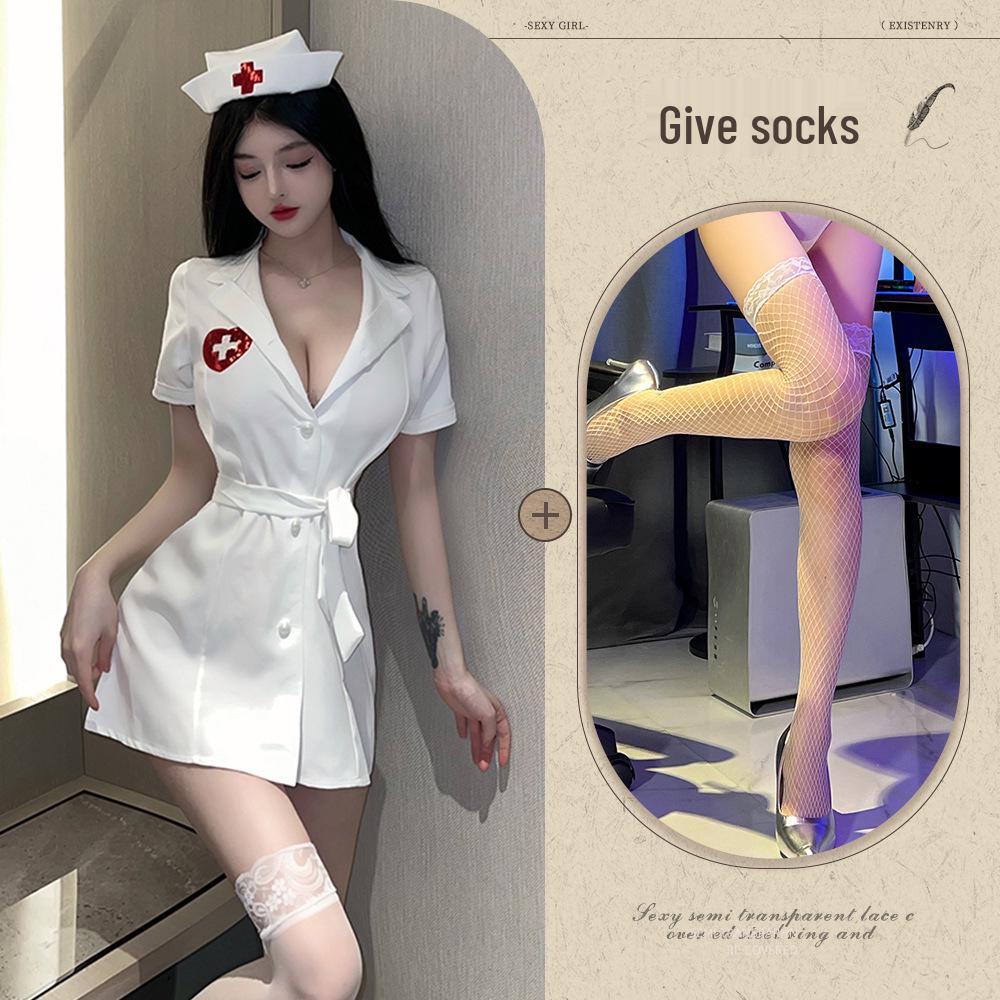 Passionate Nurse Role Play Lingerie – Deep V Nightgown for Flirty Bedtime Temptation