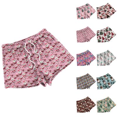 Pantalones Cortos de Pijama Holgados de Moda para Mujer con Estampado Navideño de Forro Polar Pantalones Casuales