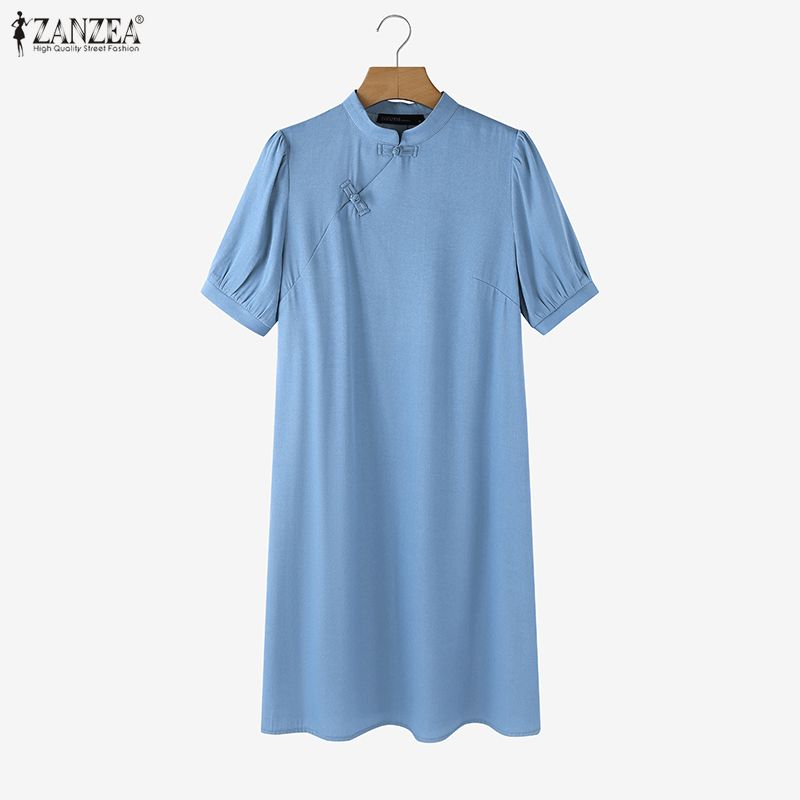 ZANZEA Women Summer Stand Collar Casual Short Sleeve Dress