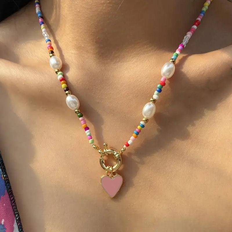 YWZIXLN Bohemian Colorful Beads Chain Fashion Necklaces White Heart Pendant Jewelry For Women Valentine's  Accessories N0463