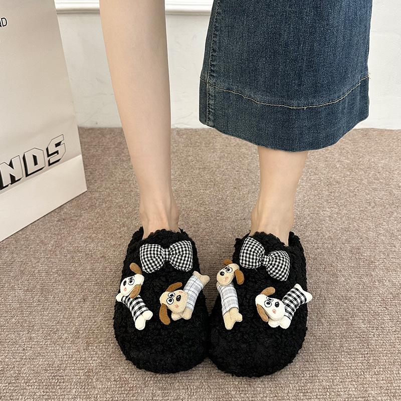Cute Cartoon Puppy Hair Slippers Women Wear 2025 Autumn and Winter New Girl Heart Versatile Word Slippers Women