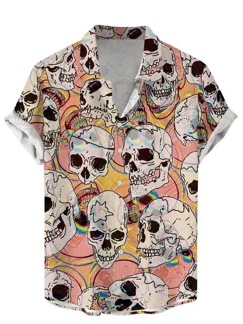 Vintage Men Shirts Funny Skull Flowers Printing Streetwear Short Sleeve Shirts Summer Hawaii Shirt Print Lapels Shirts for Men