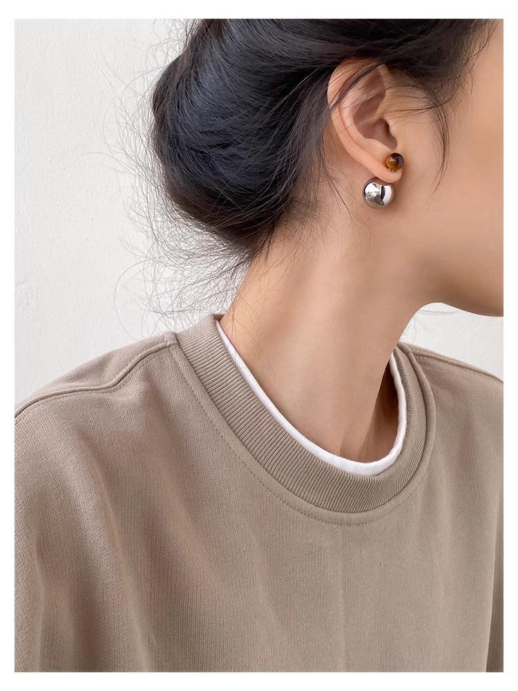 Silver Needle Double Ball Textured Metal Ball Tiger s Eye Stud Earrings Commuter Versatile Earrings Earrings