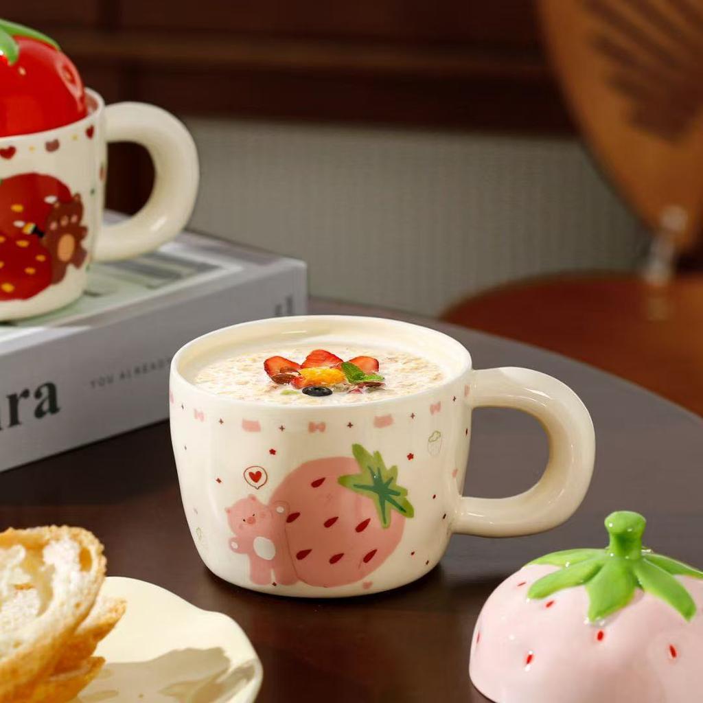 Strawberry Bear Ceramic Cup with Lid for Girls Gifts for Home Use Water Cup Mug High Looking Couple Milk Breakfast Cup