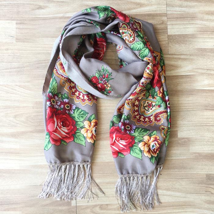 Ethnisch Stil Blumenmuster Russischer Schal Damen Luxus Blumenbedrucktes Bandana Strandtücher Retro Fransen Winter Pashmina Schal