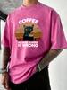 Cat Like Drink Coffee Printed Men Washed TShirt Cotton Summer T Shirts Vacation Oversized Streetwear Soft Casual Clothes