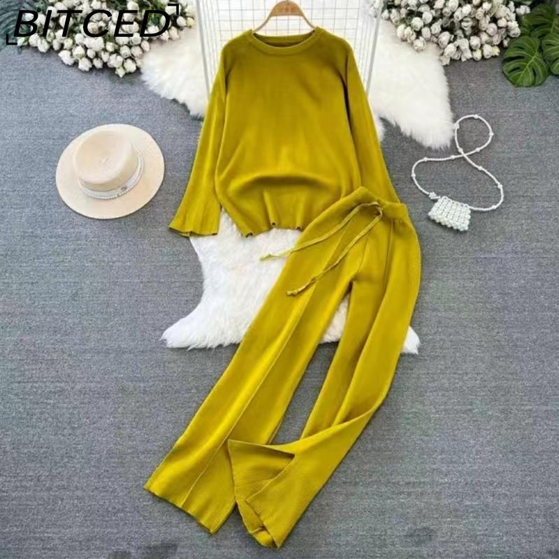 BITCED Fashionable Women's Spring and Autumn Long-sleeved, Round-neck, Loose Knitted Sweater, Two-piece Set, High-waisted, Straight-leg Wide-leg Pants