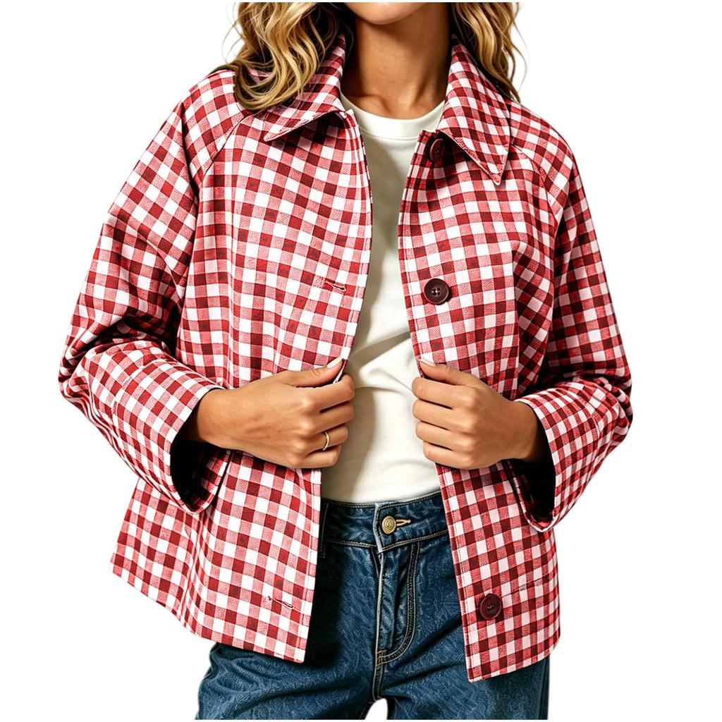 Women's Casual Long Sleeve Button-Up Plaid Jacket