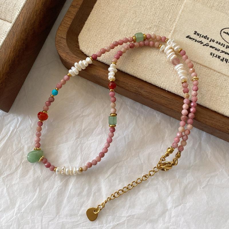 Red Stone Necklace, Natural Stone Collarbone Chain, Green Dongling Pendant, Dopamine Premium Sense Beaded Agate Pearl Neck Chain.