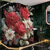 1pc Bathroom Shower Curtain, Floral Embroidery Frame Design, Red Festival Shower Curtain, Includes 12 Hooks, 180*180cm Bathroo