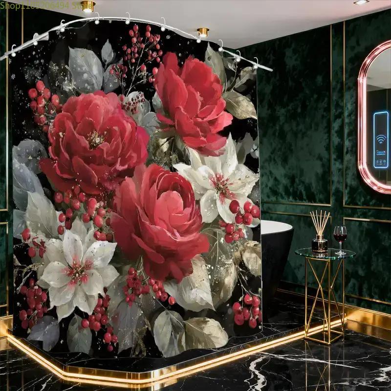 1pc Bathroom Shower Curtain, Floral Embroidery Frame Design, Red Festival Shower Curtain, Includes 12 Hooks, 180*180cm Bathroo