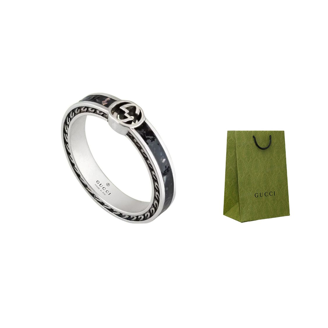 Gucci Interlocking Double G Pattern Shiny 925 Silver Ring Unisex rings Black 701620-J8410-1064 Box+Shopping Bag,22