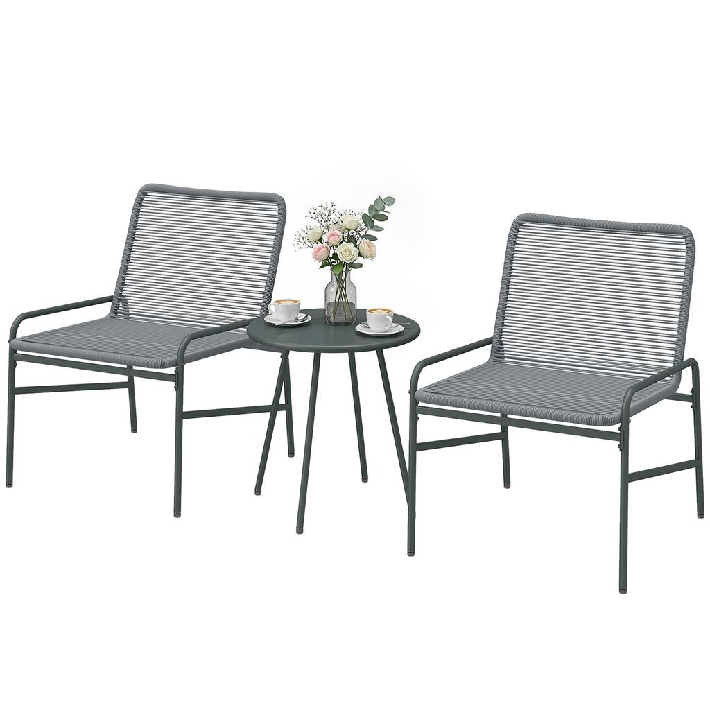 3 Piece Rattan Bistro Set, Outdoor Garden Furniture Set with 2 Chairs, Round Coffee Table for Patio, Balcony, Dark Grey