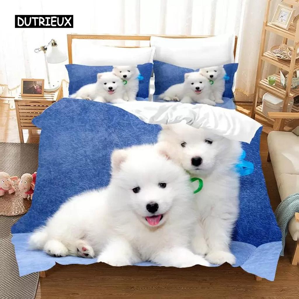 Samoyed Duvet Cover Set Cute Dog Pattern Decor Bedding Set Grass Green for Kids Girls Adults Lovely Animal Polyester Quilt Cover