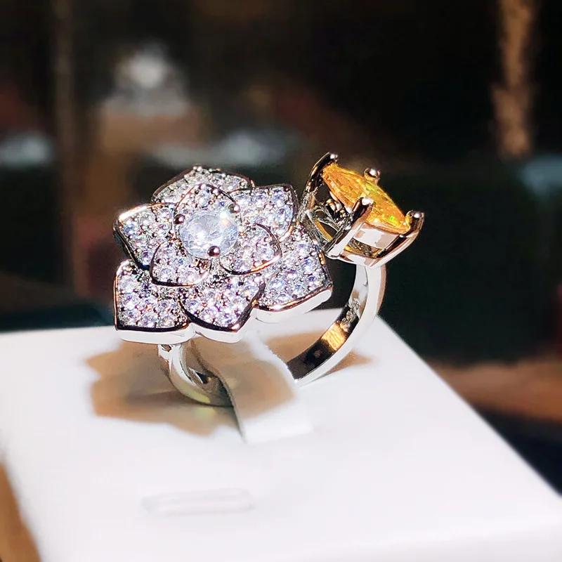 Sparkling Golden Zircon Flower Wedding Open Ring Silver Color White Gold Plated Anti Allergic for Women