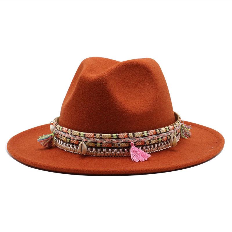 Woolen Top Hat, Fringed Minority Style Jazz Hat, Retro Flat-Brimmed Big Eaves Hat.