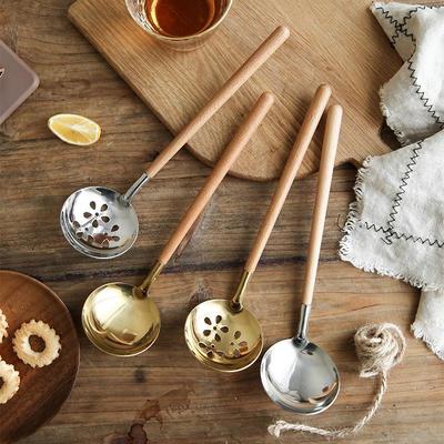 Japanese Wooden Handle Anti-hot Soup Stainless Steel Soup Leakage Ramen Spoon Home Kitchen Gadget