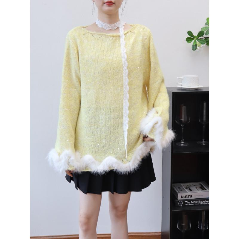 

Осень и зима новый Мао Мао сращивание с пайетками вязаный свитер топ свободный ленивый ветер свитер пуловер женщина one size fits all жёлтый