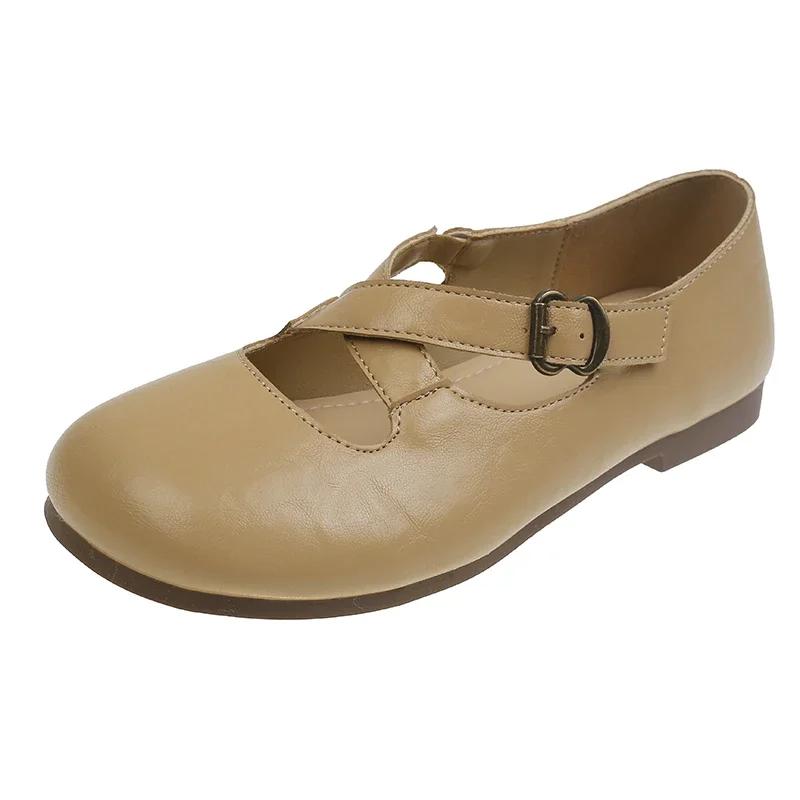 Fashion Women Ballets Flats Shoes Real Leather Cross Strap Classic Ballerinas Low Heels Shoes Casual Daily Dress