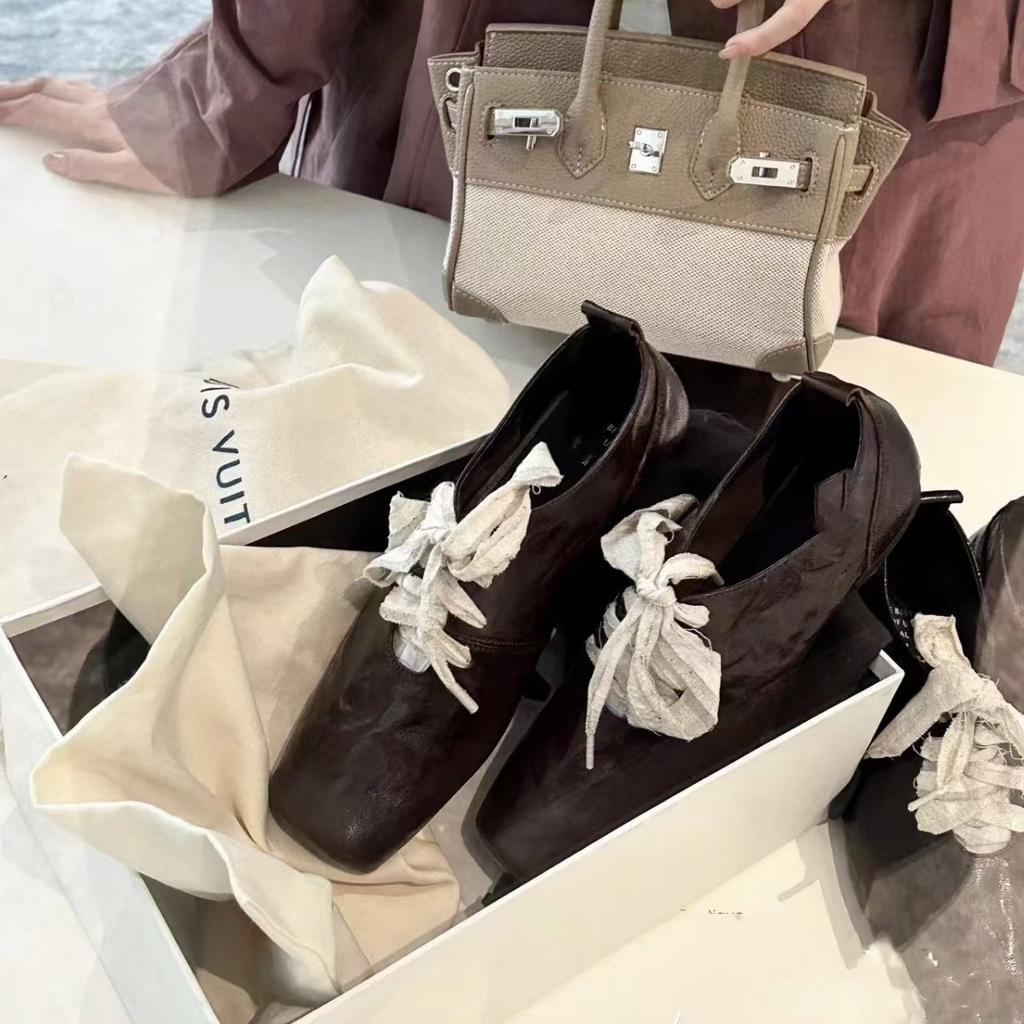 Sheepskin version~ retro literary square head small leather shoes high sense thick heel front lace-up outside wear temperament leather single shoes