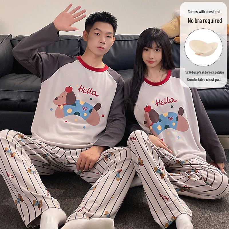 "Women's & Men's Cartoon Pajama Set with Chest Pads – Korean Style Long-Sleeve Home Wear for Autumn & Winter"