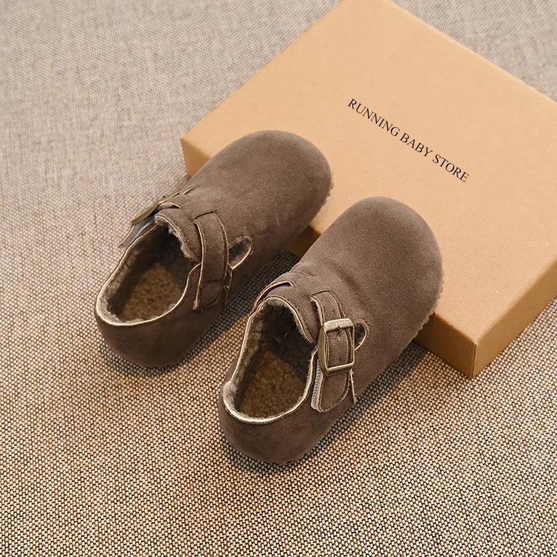 

New Winter Children Shoes Plush Inner Fashion Retro Shallow Shoes Cotton Girl s Flat Sole Buckle Kids Sneakers Winter I08311 21 коричневый