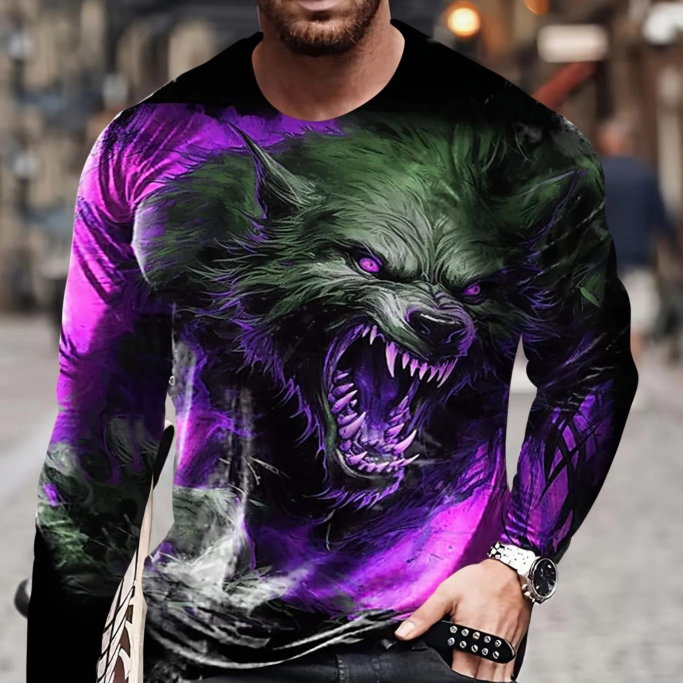 

Мужская уличная футболка с длинным рукавом и принтом аниме «Ревущий волк» 3D для Хэллоуина, весна-осень 6XL