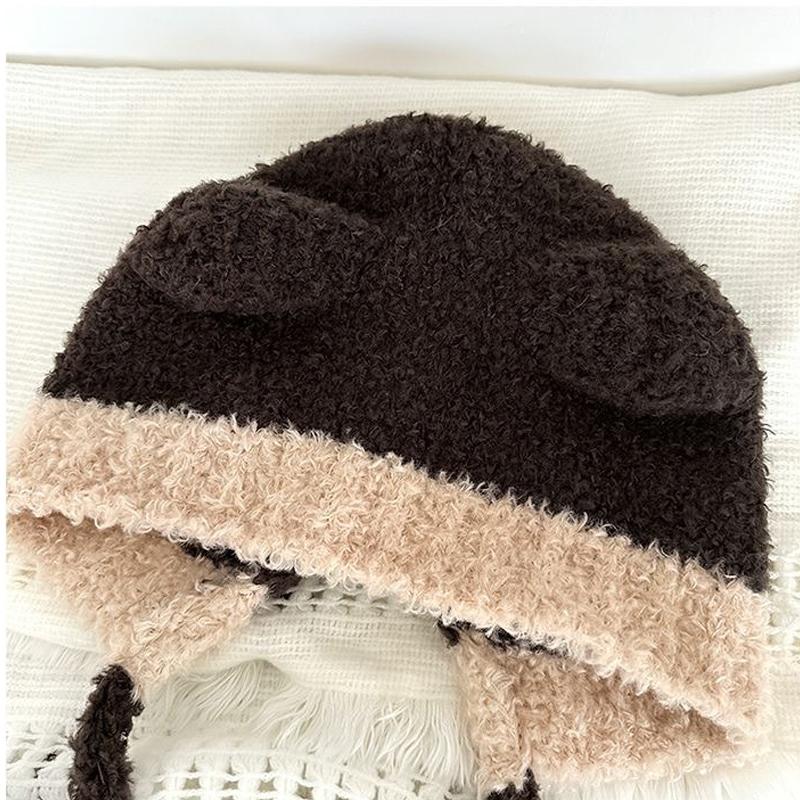 Autumn And Winter  Color Matching Bear Ear Strap Lei Feng Hat For Women Korean Cute Warm Ear Protection Knitted Wool Hat